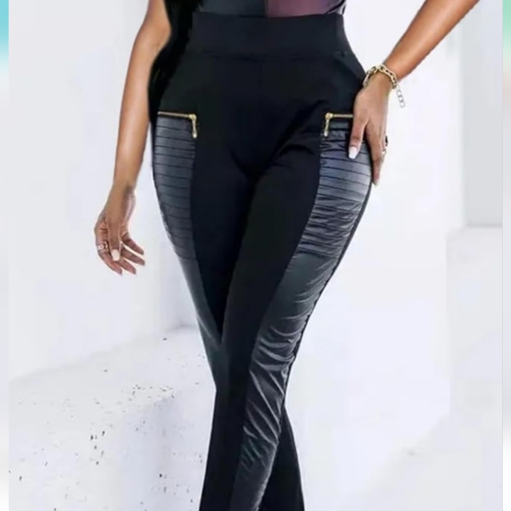 Stylish Black Women's Pants With Ruched Leather Panels and Gold Zipper Accents